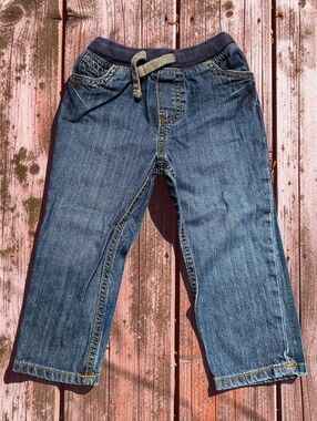 CARTER'S Kids Rib Waistband Jeans - Light Denim with Gold Stitching. Size 24mnth